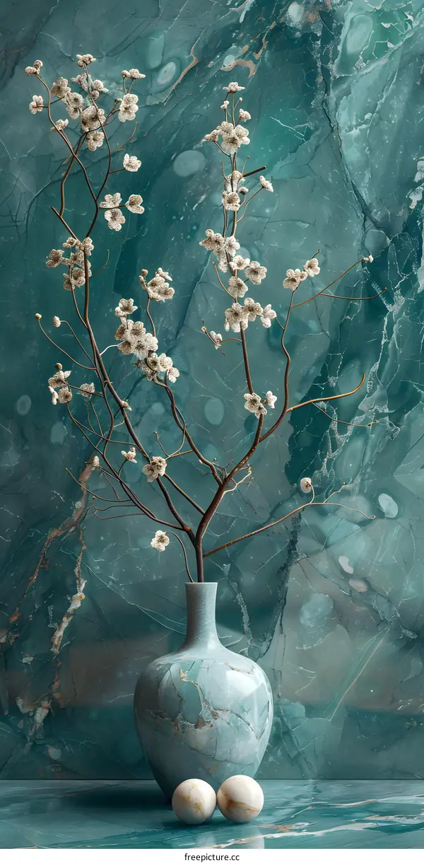 White flowers in front of a turquoise marble background