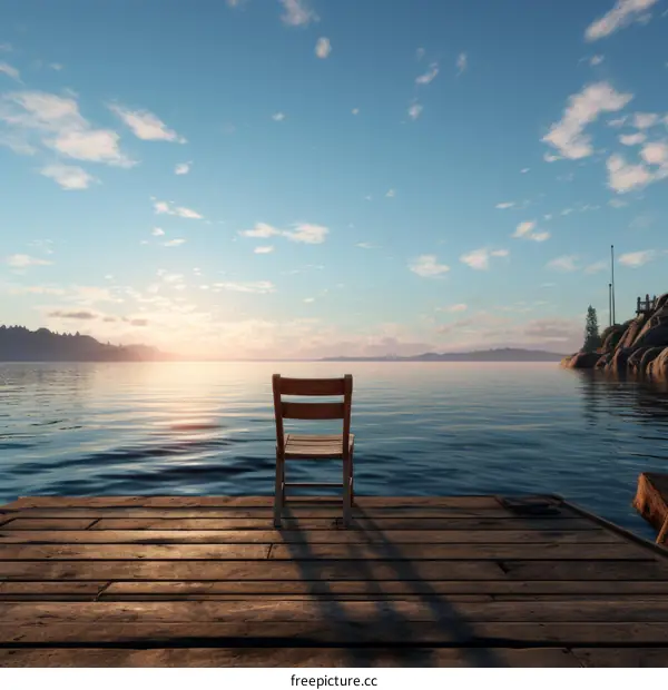 Wooden chair on a dock at sunset