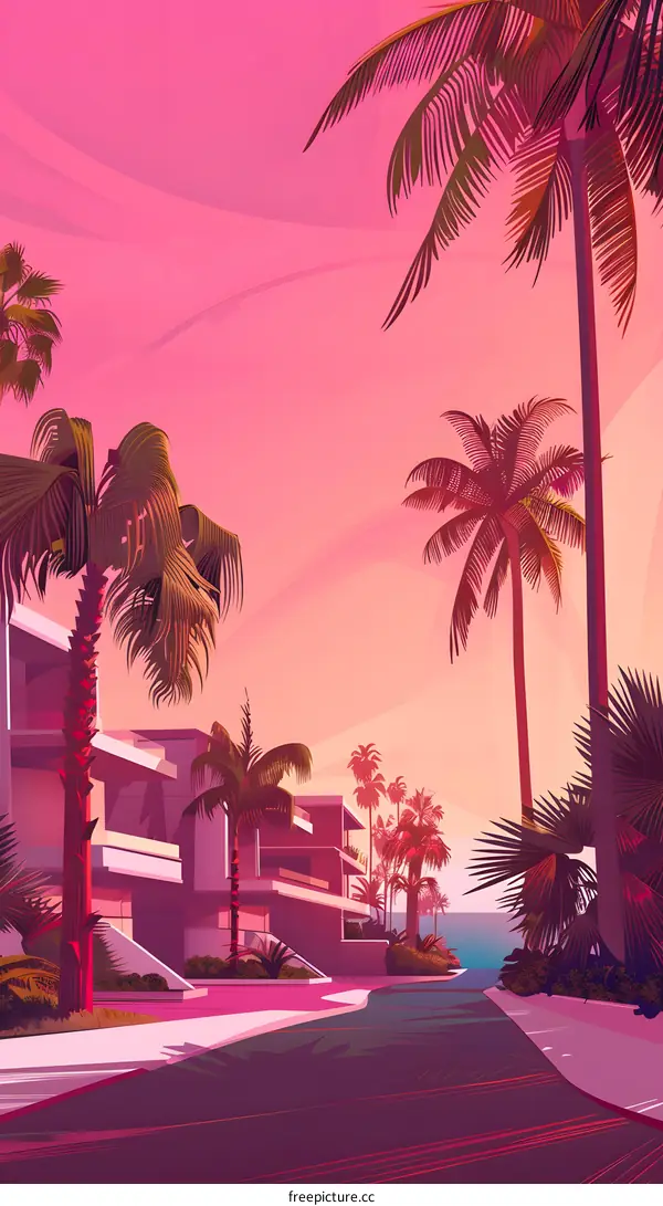 Palm Trees and Houses Illustration