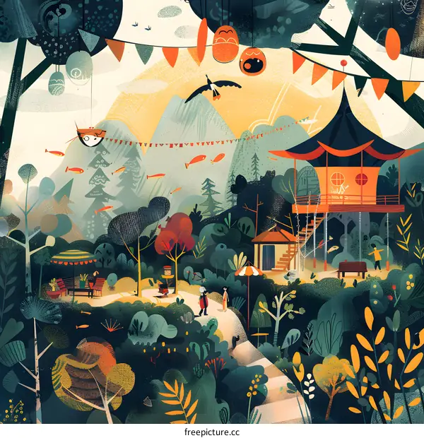 Colorful Illustration of a Fantasy Forest with Houses and People