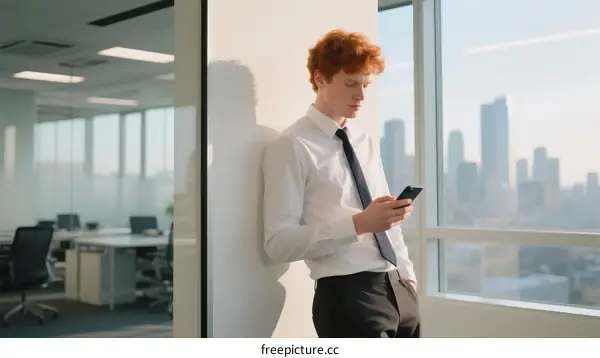 Young man in formal attire using smartphone near window