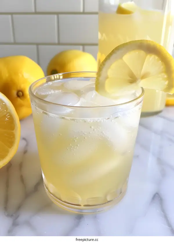 Glass of Lemonade with Ice Cubes and Lemon Slice