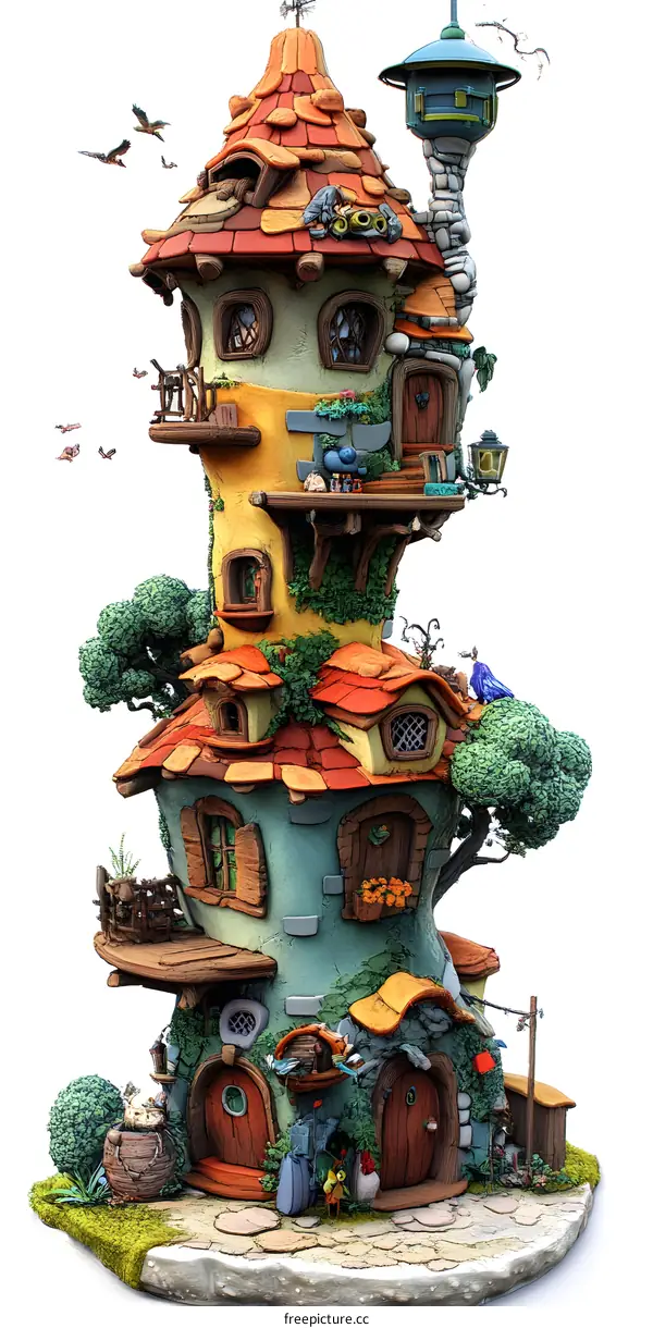 Fantasy House with a Twisting Tower and Flying Birds