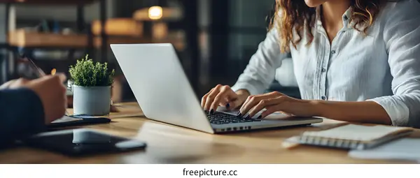 Close Up of Woman Typing on Laptop at Desk