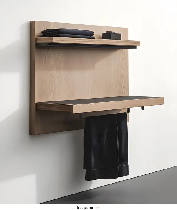 Modern Wooden Wall Shelf with Black Metal Hanger