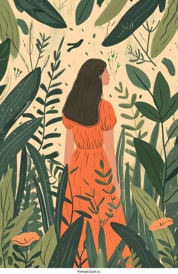 Woman in Orange Dress Standing in a Forest of Green Leaves
