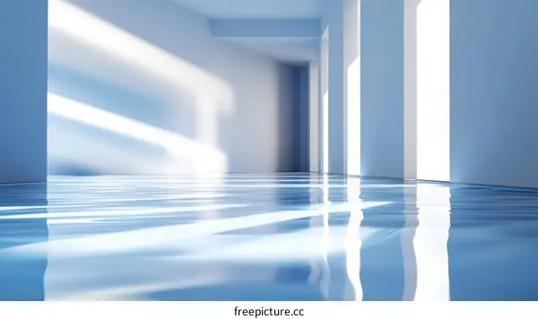 Modern Empty Corridor with Blue Liquid Floor