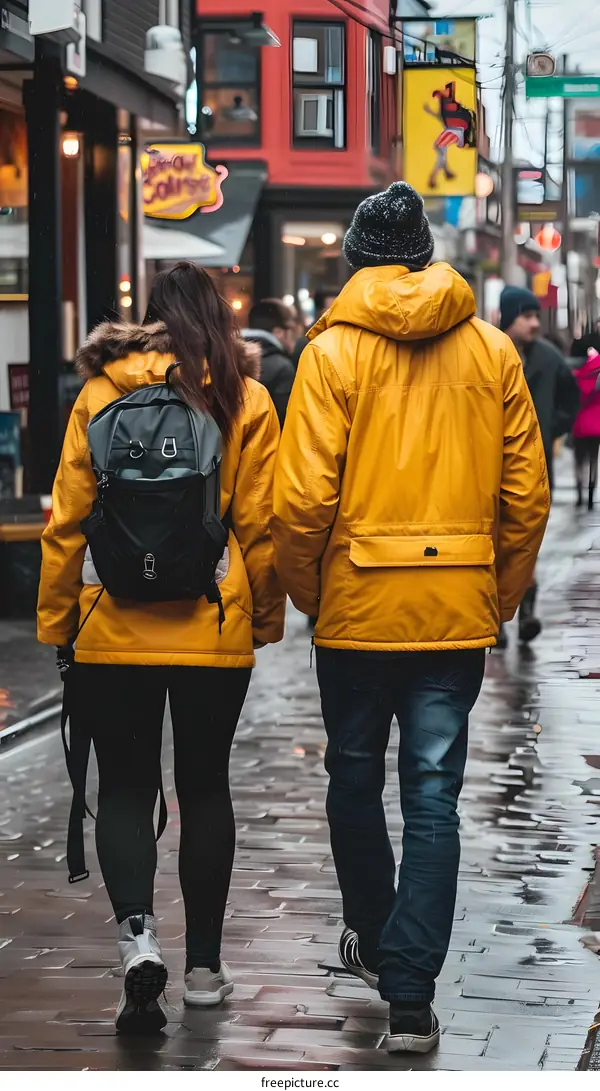 Couple Walking in Yellow Jackets in the Rain