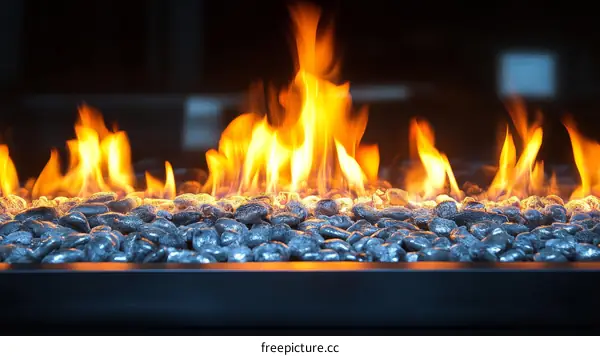 Burning Flames and Gray Stones in a Modern Fireplace