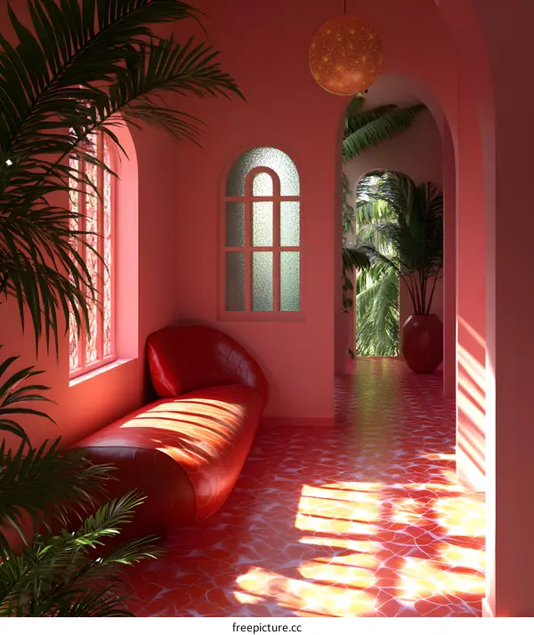 Red Interior Design with Palm Trees and a Red Couch