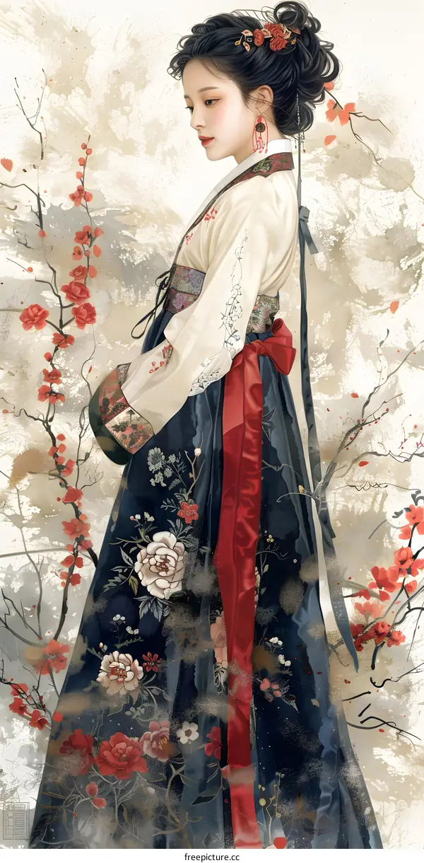 Traditional Chinese Clothing Woman in Flower Garden