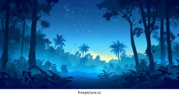 Blue Tropical Forest Night Sky Landscape Illustration