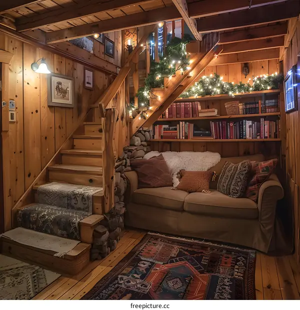 Cozy Cabin Living Room with Christmas Decorations