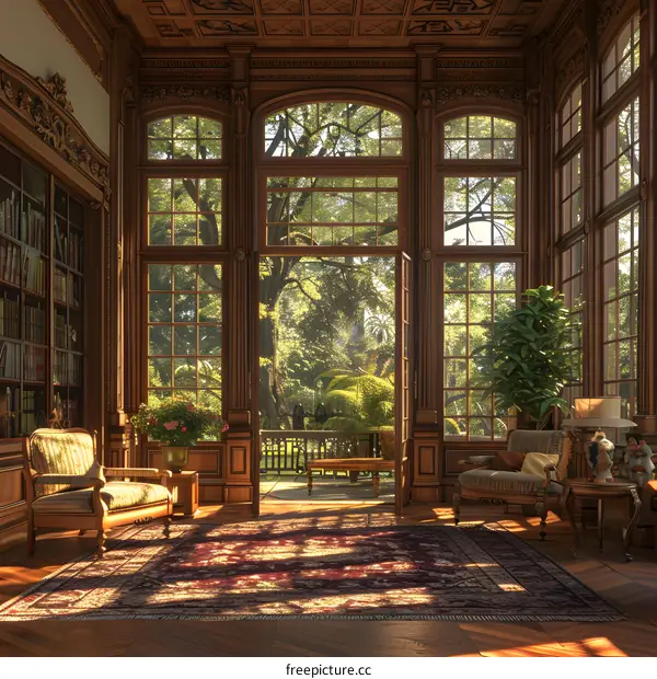 Spacious Sunlit Library with Large Windows Looking Out onto Lush Garden