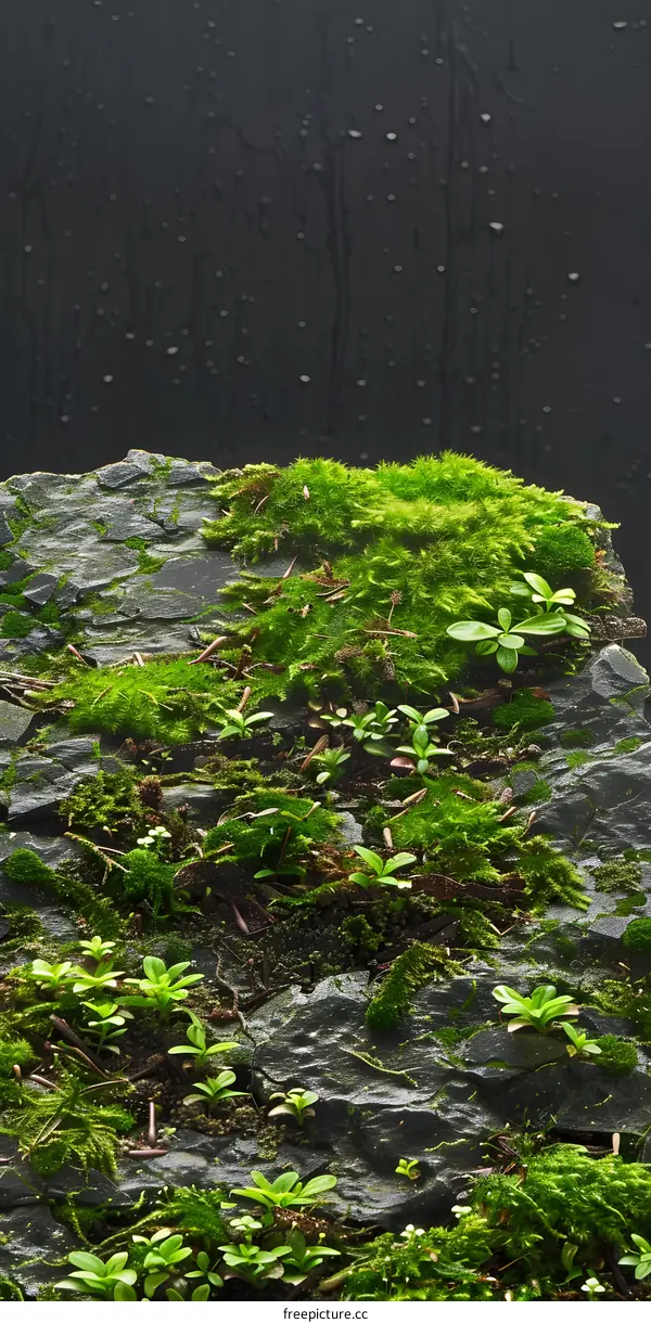 Green Moss Growing on a Wet Rock