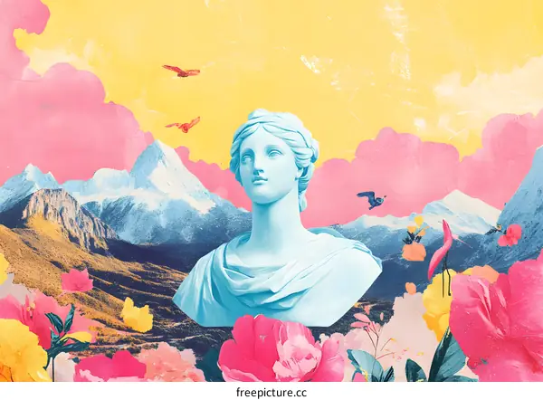 Abstract Collage With Statue Of Woman In A Landscape