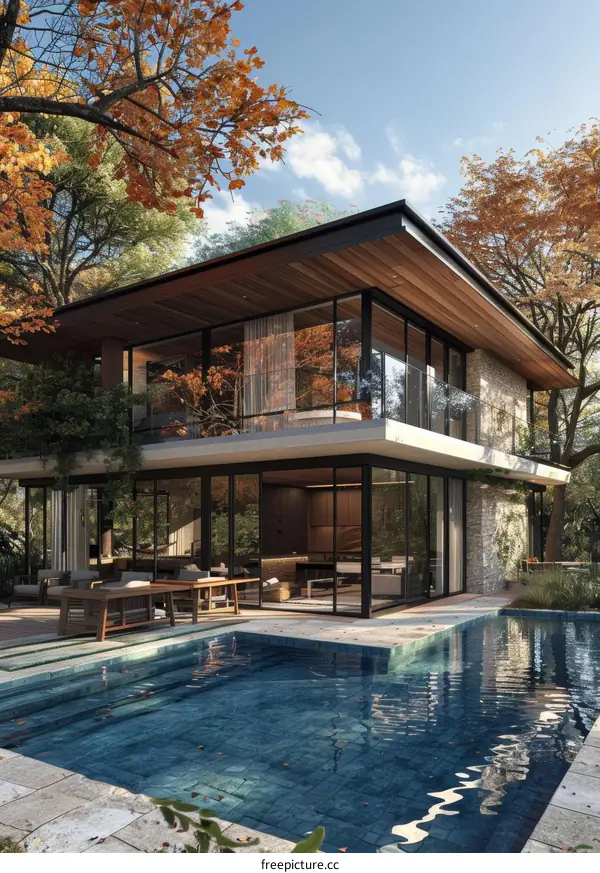 Modern House with Pool Surrounded by Autumn Trees