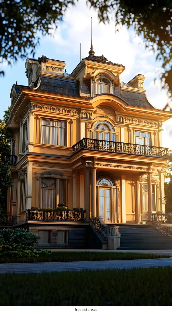 Luxury Yellow Mansion with Greenery and Golden Details