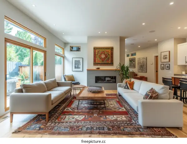 Cozy Living Room with Fireplace and Colorful Rug