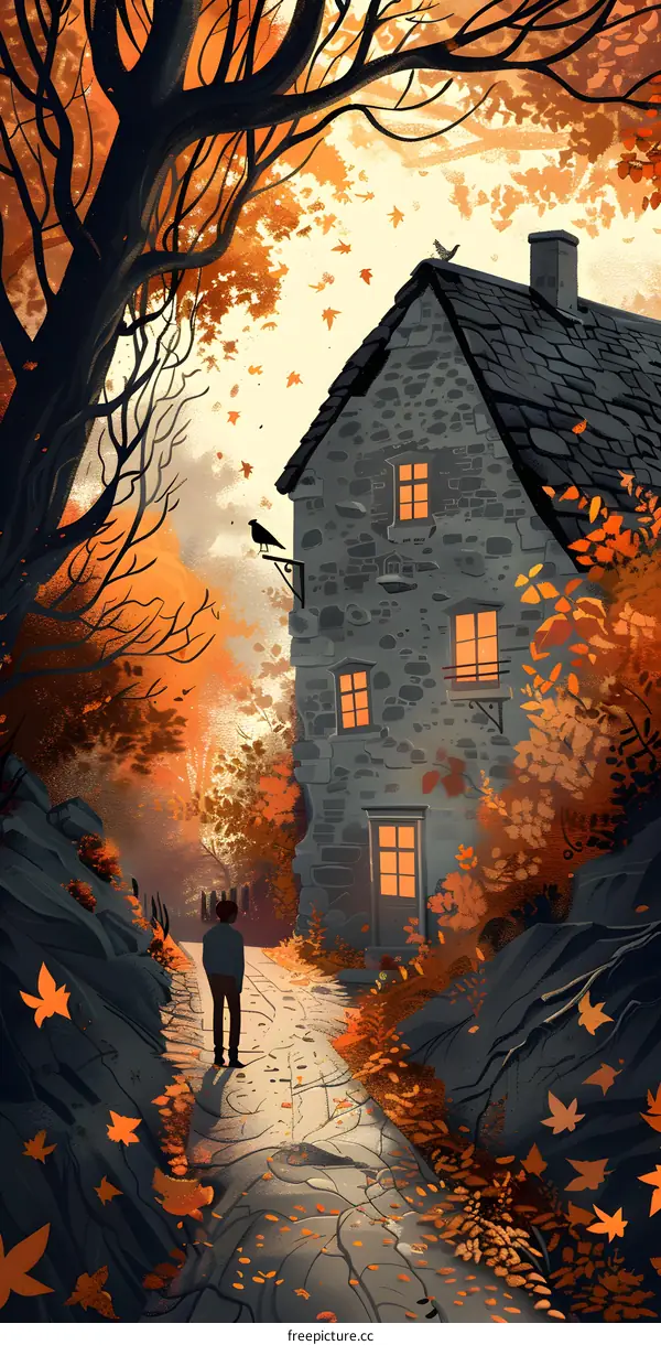 Autumn Leaves Falling in Front of a Stone House