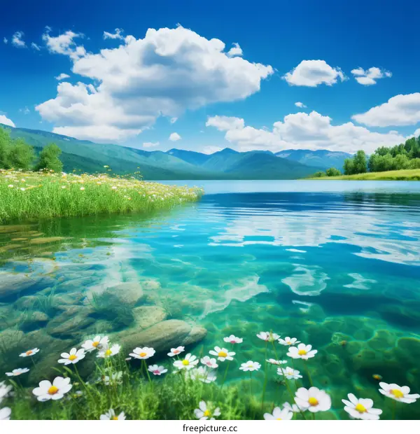 Tranquil mountain lake and flowers