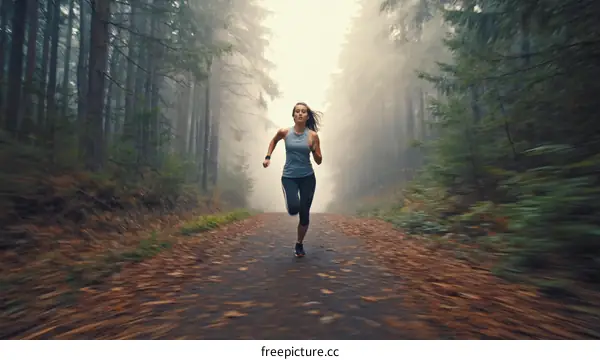Woman Running Through Foggy Forest Trail