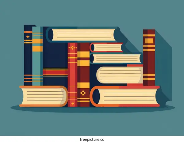 Stack of Colorful Books on Blue Background