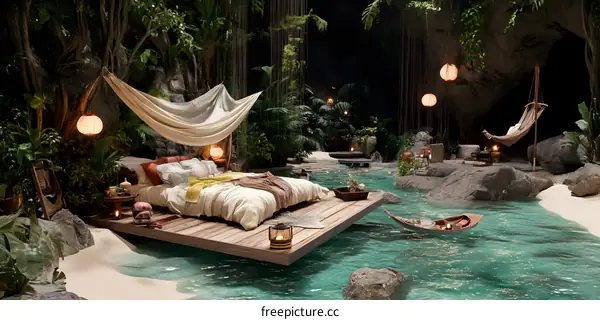 Tropical Paradise Bedroom  with Floating Bed and Hammock