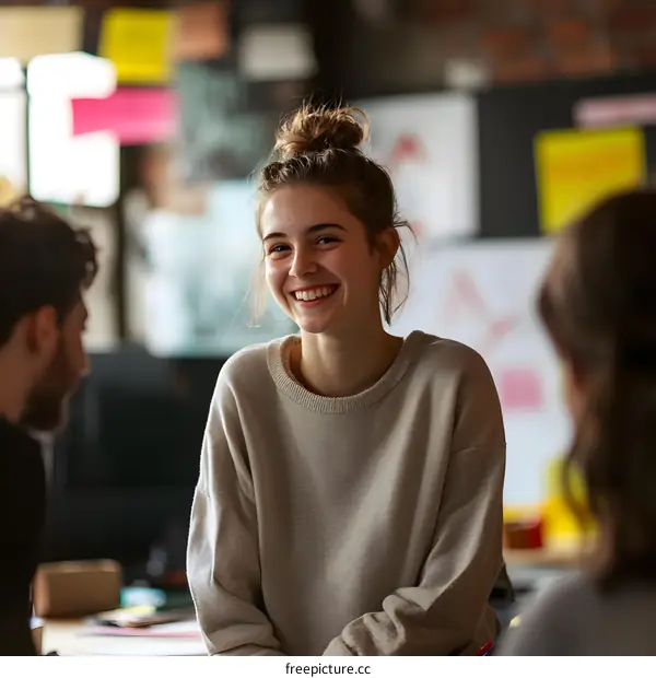Smiling Woman Looking At Man In Modern Office