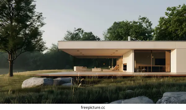 Modern Minimalist House with Large Windows and a Deck Overlooking a Grassy Field