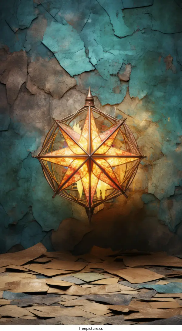 Illustration of Glowing Magic Lamp on Blue Stone Wall with Peeling Paint