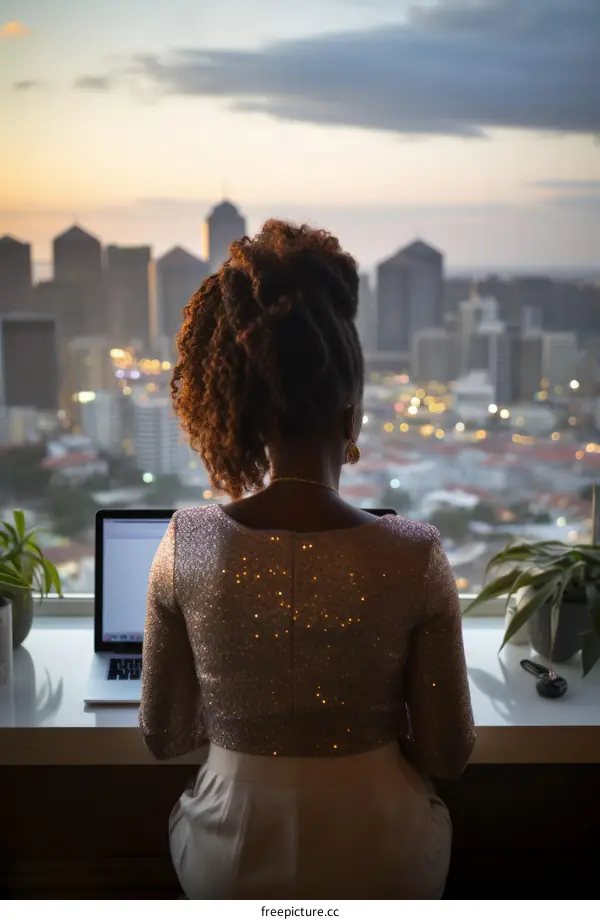 Black woman sitting on a chair in front of a window looking at the city