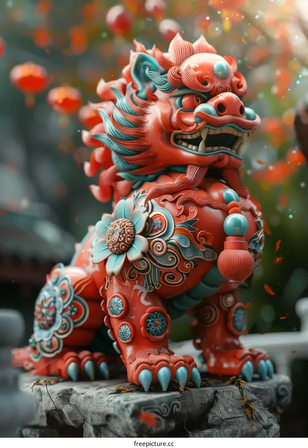 Chinese Guardian Lion Statues in Blue, Green with Ruyi and Peace