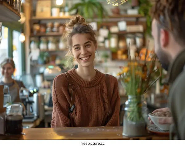 Portrait of a smiling young woman standing in a cafe