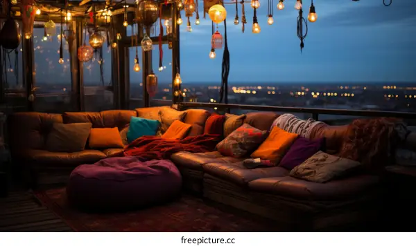 bohemian rooftop terrace with comfortable couch and pillows