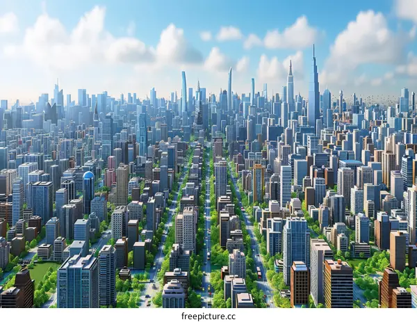 A Bustling Metropolis with Skyscrapers and Lush Greenery