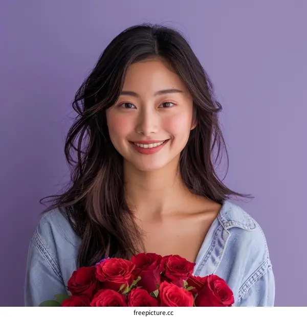 A beautiful Asian woman holding a bouquet of red roses
