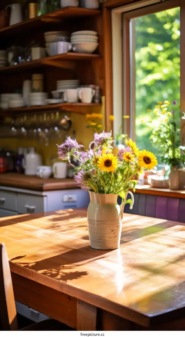 A beautiful bouquet of sunflowers and other flowers sitting on a wooden table in a sunny kitchen.