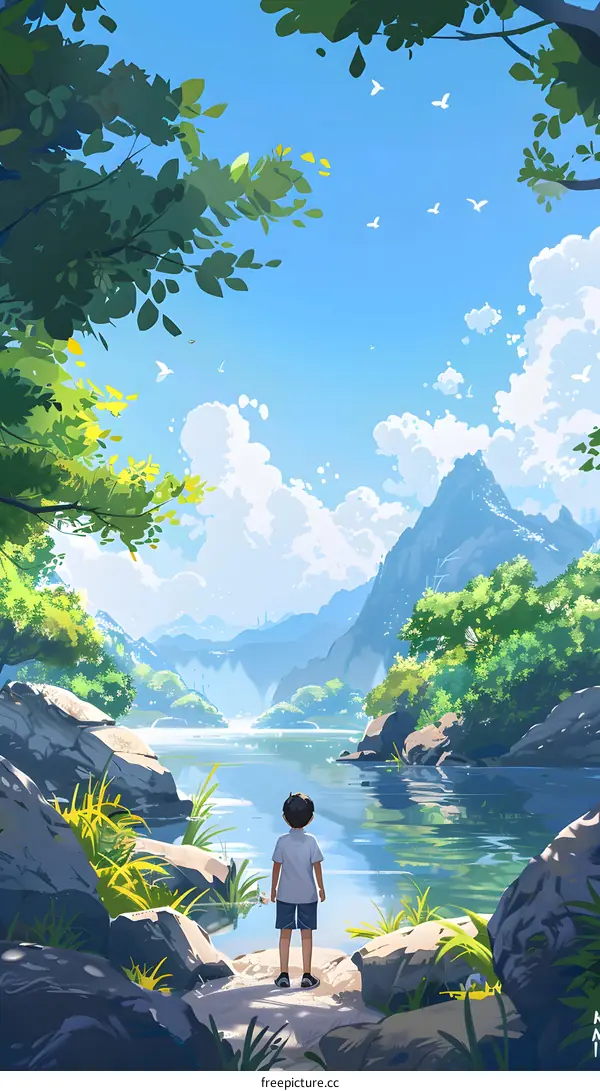 Boy Gazing at a Serene Mountain Lake