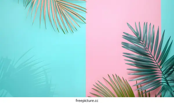 Tropical Leaves on a Pink and Blue Background