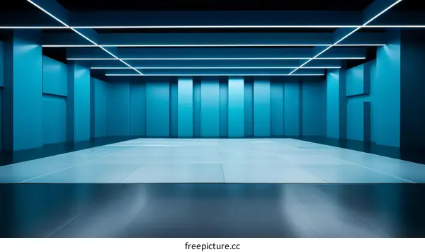 Blue room with glowing blue lines on the walls and floor