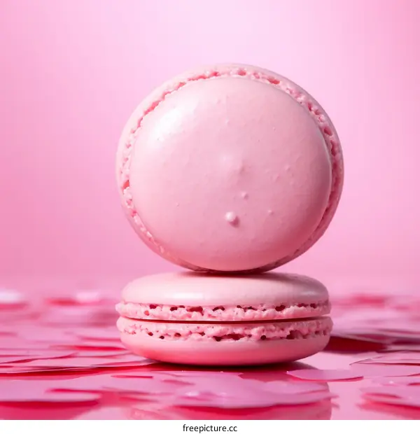 A pink macaron is on top of another pink macaron
