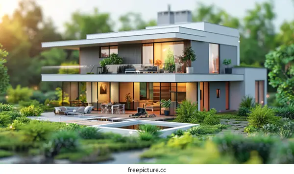 Modern Home with Swimming Pool 3D Rendering