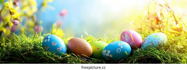 Colorful Easter Eggs in Springtime Meadow