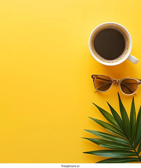 Summer Coffee with Palm Leaf and Sunglasses on Yellow Background