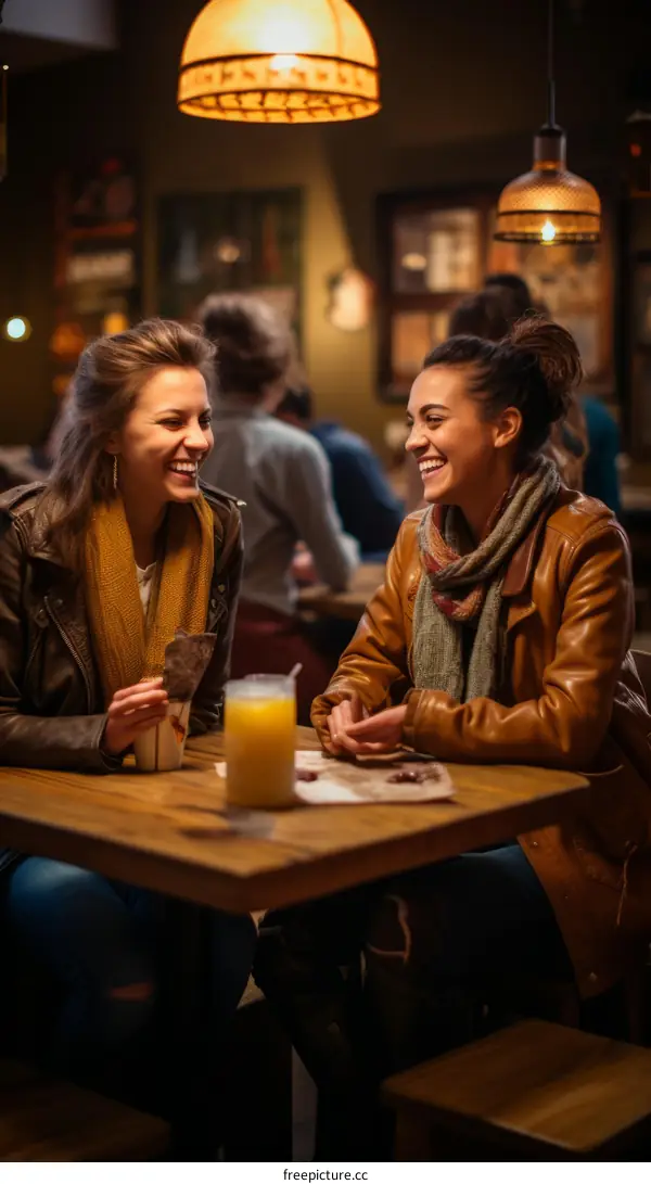 Two young women sitting at a table in a restaurant talking and laughing