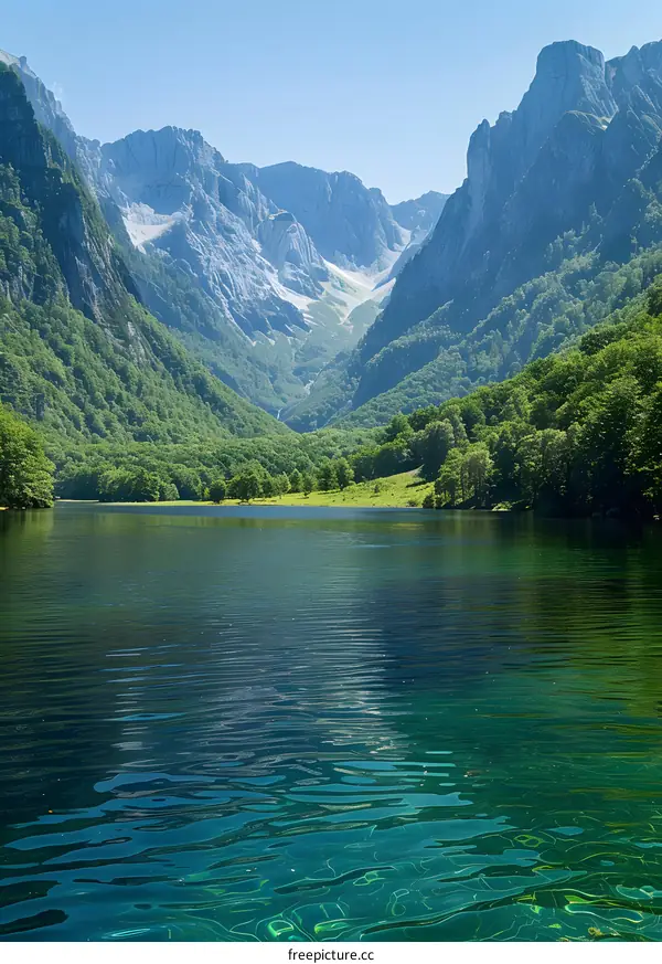 Scenic View of a Tranquil Lake Surrounded by Majestic Mountains