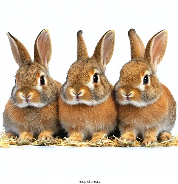 Three Cute Baby Rabbits on Straw