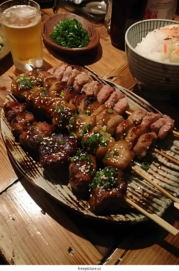 A delicious plate of yakitori with a glass of beer and a bowl of rice