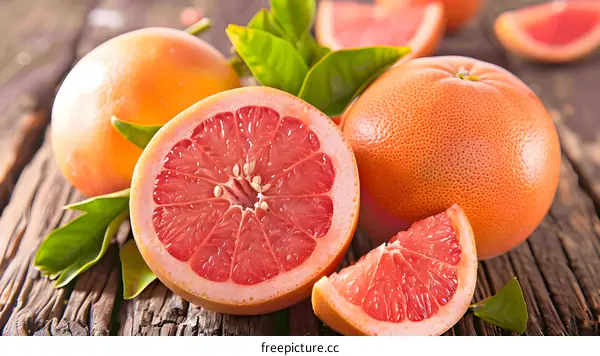 Fresh Grapefruit Slices and Whole Fruit with Leaves on Wooden Background